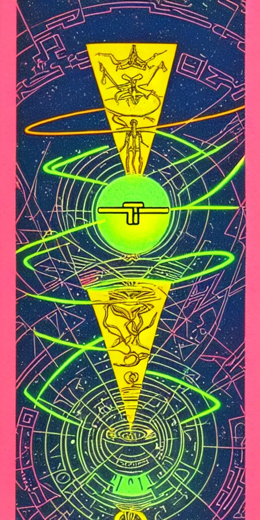 Prompt: 1968 science fiction tarot card, cut out collage, neon Aztec, non Euclidean, spring on Saturn, epic theater, deep sea, mountain plants, drawings in part by moebius, part by Ernst Haekl, text by William S Boroughs