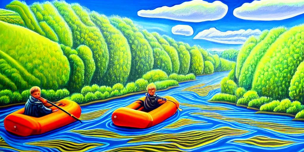 Image similar to A very detailed painting in the style of featuring a river in Europe surrounded by trees and fields. A rubber dinghy is slowly moving through the water. Sun is shining. Psychodelic painting