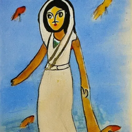 Prompt: A girl in deep thought strolling on the beach in a white gown, birds flying in the distance, a painting by MF hussain