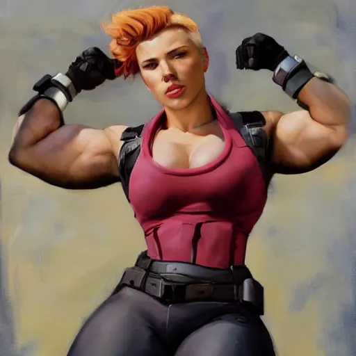 Image similar to greg manchess portrait of scarlett johansson as roided thick very muscular fitness model zarya from overwatch with short blond hair and ponytail, fantasy, medium shot, asymmetrical, profile picture, organic painting, sunny day, matte painting, bold shapes, hard edges, street art, trending on artstation, by huang guangjian and gil elvgren and sachin teng