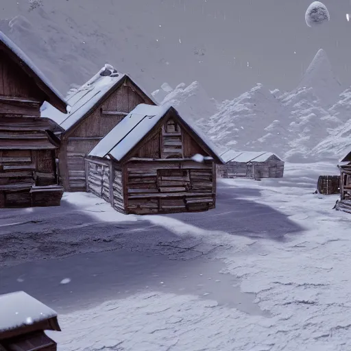 Image similar to a snowy village on the moon, 8 k, highly detailed, unreal engine render