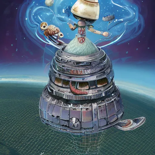 Image similar to On the morning of the robot queen's coronation, The Mekanik Doll, an elderly mushroom walking their pet snail, Mount Fuji seen from the International Space Station, the theme of Alice in Wonderland, digital painting, concept art, illustration, deep dark, artstation, intricate, beautiful and thematically complex, ue5, by deiv calviz and bossmonsterbani