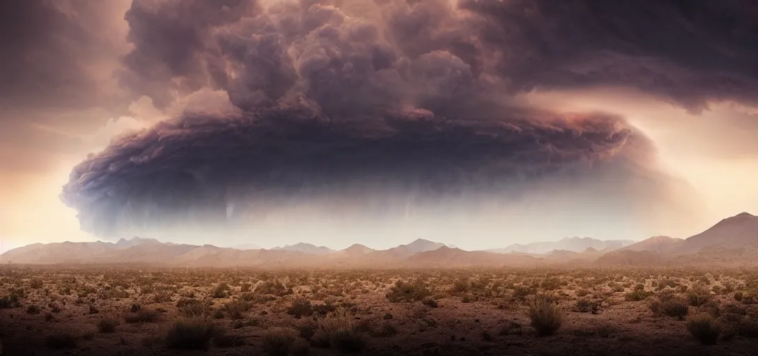 Image similar to a beautiful picture of a dark distant thundercloud in a desert, shelf cloud, intricate detail, impending doom, sunset, serene, volumetric lighting, volumetric clouds, 8 k, hyperrealistic, digital art trending on artstation