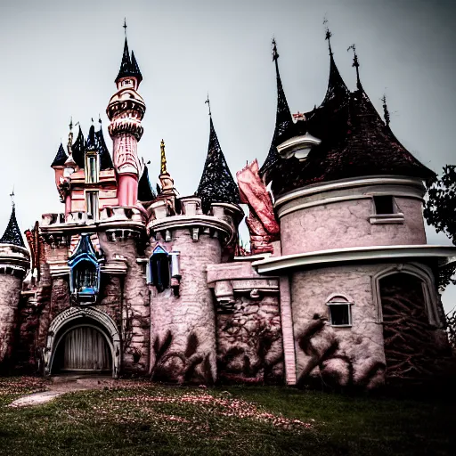 Image similar to Abandoned disneyland castle, with cobwebs and cracks, urban exploration, decaying, 24mm f/3.5