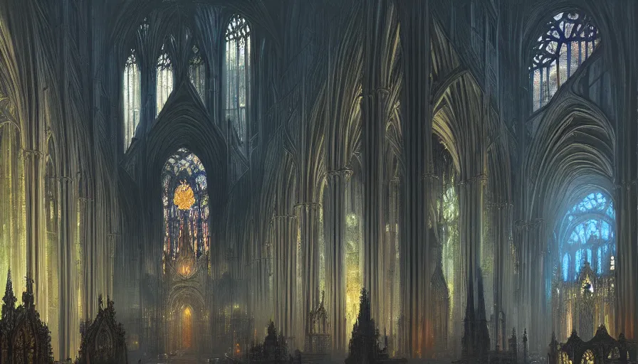 Image similar to atmospheric painting of a fractal gothic cathedral, by Marc Simonetti, oil on canvas, highly detailed, soft lighting