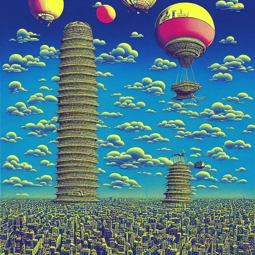 Prompt: surreal glimpse into other universe, mahanakorn tower with airship floating n the sky, summer morning, very coherent and colorful high contrast, art by!!!! rafal olbinski!!!!, geof darrow, floralpunk screen printing woodblock, dark shadows, hard lighting, stipple brush technique,