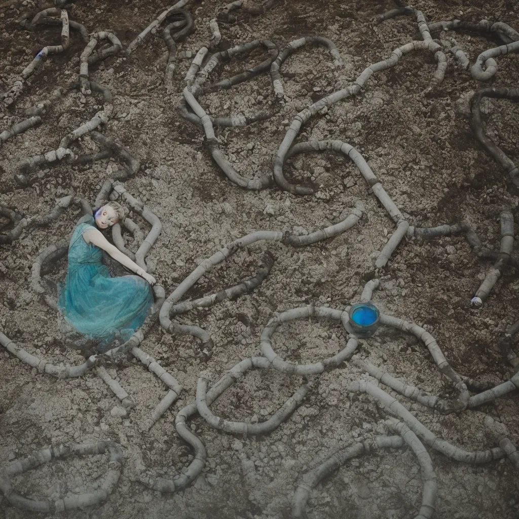 Prompt: a woman buried in oil and crossed by delicate porcelain rusty pipes in a glowing iridiscent lake leica, 2 4 mm