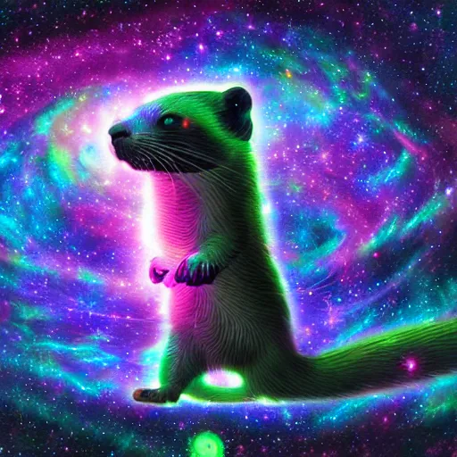 Prompt: fluorescent ultra-detailed celestial ferret in a galaxy made of stars, space, nebulas stars Dmt, Psychedelic cosmos, cosmic, Hallucination, night sky, surrealistic,volumetric lighting, Dreamy, dynamic, mystical, by dan mumford, 4k HD, artstation HD