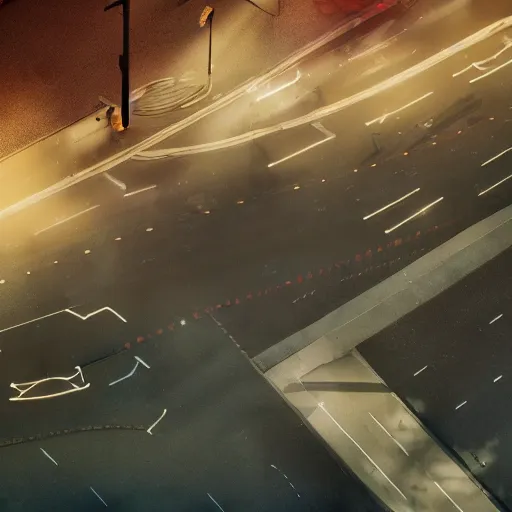 Image similar to A stunningly beautiful award-winning 8K high angle cinematic movie photograph of a foggy main intersection in an abandoned 1950s small town at night, by Edward Hopper and David Fincher and Darius Khonji, cinematic lighting, perfect composition, moody low key volumetric light. Color palette from Seven. Shot from above, 3 point perspective