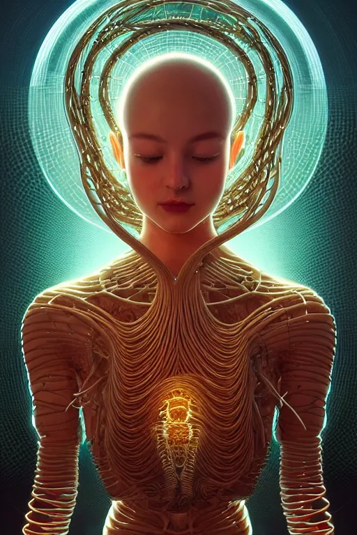 Image similar to a centered render of an alien bio - organic creature adorned with cables and synthesizer parts is surrounded by sacred geometry, full body, gorgeous face, perfect face, powerful, cinematic, beautifully lit, by artgerm, by karol bak, 3 d, trending on artstation, octane render, 8 k