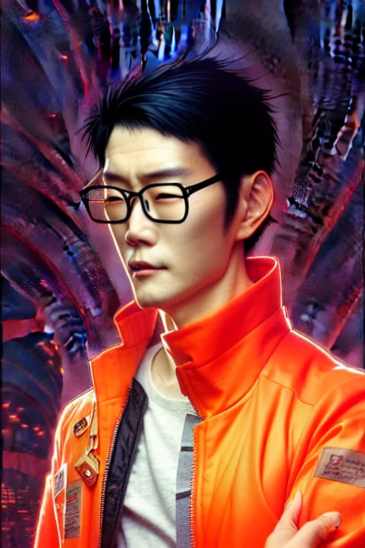 Prompt: a japanese man with short black hair, broad shoulders, thick round spectacles, wearing a bright orange bomber jacket, seductive cyberpunk dark fantasy, art by artgerm and karol bak and moebius and alphonse mucha and greg rutkowski, hyperdetailed, ultrarealistic, octane render