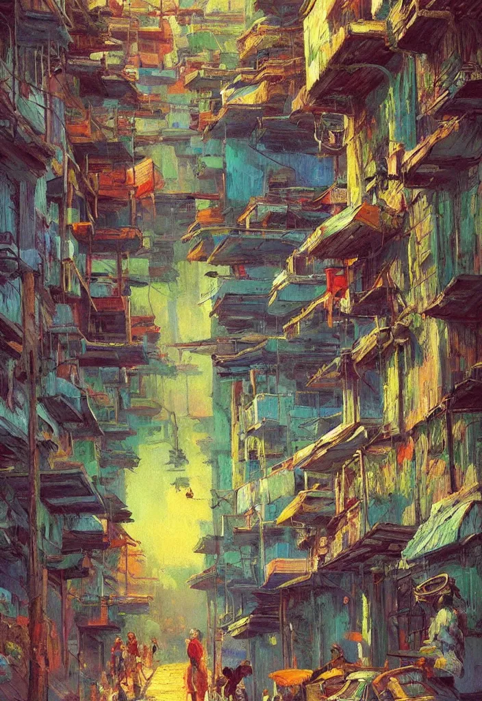 Prompt: brazilian favela, fantastic characters in the scene, epic cyberpunk, lofi vibe, colorful, vivide colors, amazing light, really beautiful nature, oil painting, by jeremy lipkin, by claude monet, by makoto shinkai, kandinsky touches, multiple brush strokes, inspired by ghibli, masterpiece, beautiful