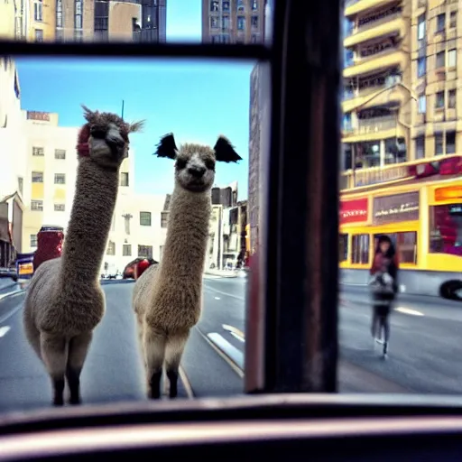 Prompt: <photograph accurate=true quality=very-high>looking out the window at a busy city street</photograph><photobomb>alpaca pixar style</photobomb>