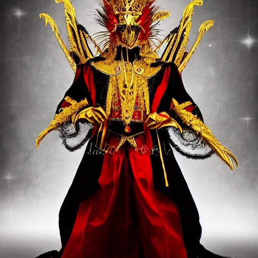 Prompt: portrait of a red king, sharp focus, black hair, full body, highly detailed, intricate, masked, white, regal clothing, gold ethereal light, high fantasy, pop art style