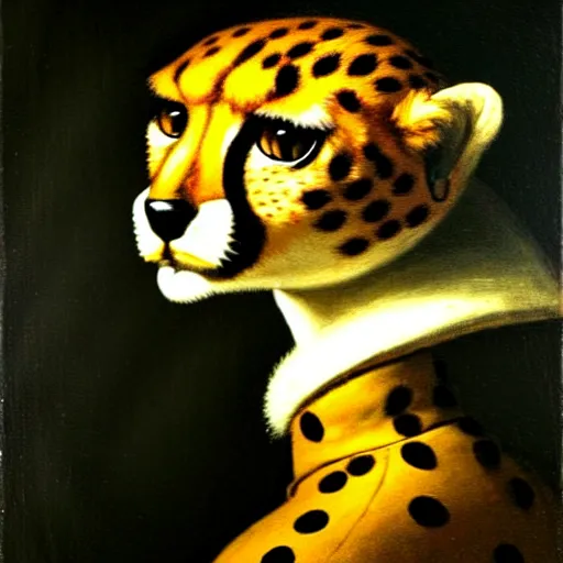 Prompt: A portrait of a steampunk anthropomorphic cheetah by Vermeer.