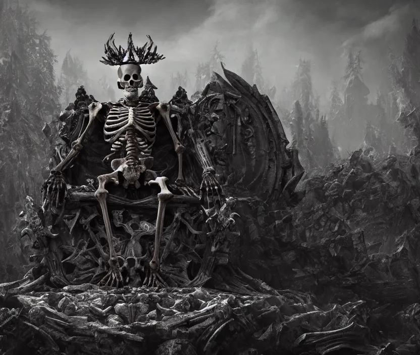 Image similar to a singular skeleton king sitting on a dark throne on the top of a mount of bones, digital art, trending on DeviantArt, highly detailed, high quality, 8K HDR, octane render, unreal engine 5, raytracing, cinematic lighting, concept art, dramatic environment, hyperrealistic