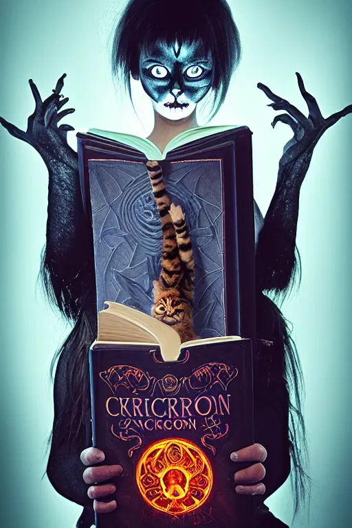 Image similar to photo of bright girl, her cat and her book of necronomicon, symmetrical, cinematic, real dlsr photography, sharp focus, 4 k, ultra hd, sense of awe, sinister demonic atmosphere, dreadful, forbidden knowledge, horrors journal cover