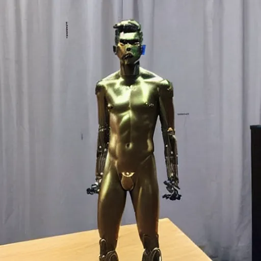 Image similar to “a realistic detailed photo of a guy who is an attractive humanoid who is half robot and half humanoid, who is a male android, American freestyle and folkstyle wrestler Daton Fix, shiny skin, posing like a statue, blank stare, at college, on display”