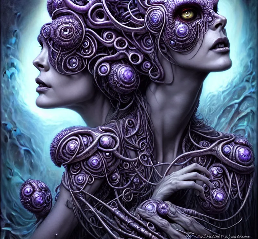 Image similar to A beautiful detailed alien goddess woman with 6 arms super dark tarot card, gorgeous model face by Stanley Artgerm, by tomasz alen kopera and Justin Gerard, 4 eyes, beautiful symmetrical features, ominous, magical realism, melting, texture, intricate, ornate, royally decorated, melting, whirling smoke, embers, purple adornments, blue torn fabric, radiant colors, fantasy, trending on artstation, volumetric lighting, micro details, 3d sculpture, ray tracing, 8k, anaglyph effect