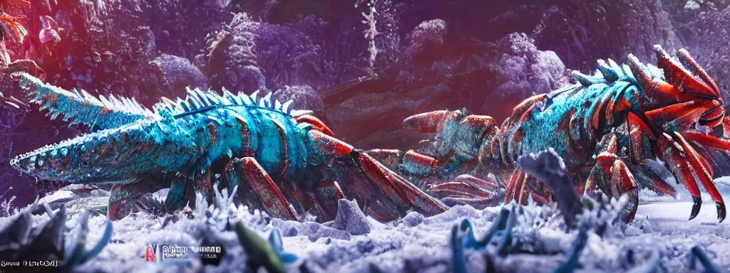 Image similar to large sabretooth lobster with shiny blue fish scales skin and silver electric claws, walking in a dense alien snow covered frosty jungle, with snow covered colourful red, blue and purple plants, large vines, snow covered arched organic rock structures, in the style of monster hunter world, like concept art on artstation, hyperdetailed, vray render, octane render,