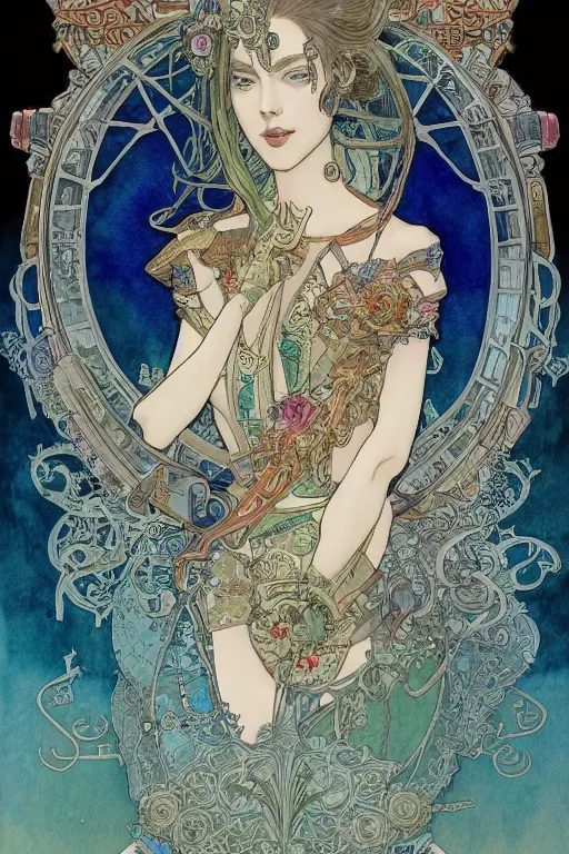 Image similar to zoomed out portrait of english princess, ornaments, stylized illustration by yoshitaka amano and moebius, watercolor gouache detailed paintings, mucha vibe, dieselpunk, solarpunk, artstation