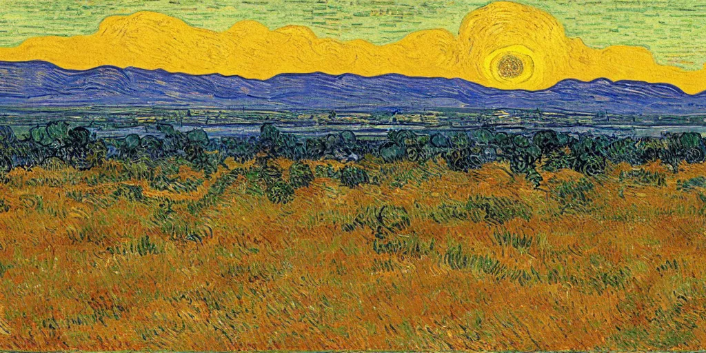 Image similar to a painting of an expansive african plain during a sunset by van gogh