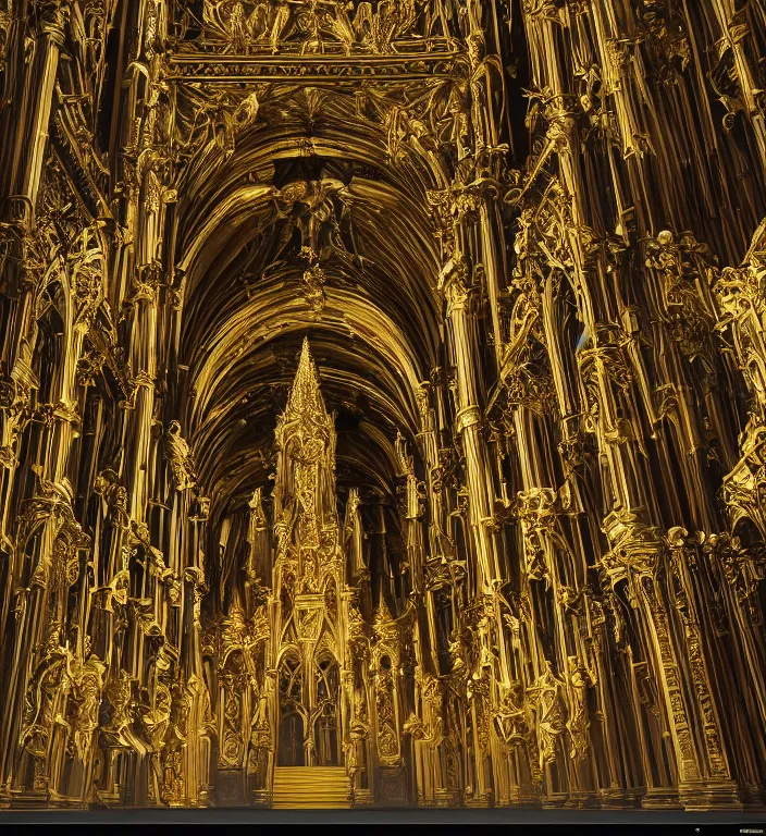 Image similar to full length picture angel wearing black robe with gold wings in an elaborate cathedral, sharp focus, DOF, unreal engine, 8k, ultra detailed, photorealistic + sigma 105mm f2.8 macro