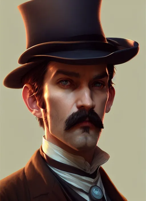 Image similar to character concept art of a victorian detective, key visual, realistic shaded perfect face, fine details, dystopian environment, by stanley artgerm lau, wlop, rossdraws, james jean, andrei riabovitchev, marc simonetti, and sakimichan, trending on artstation