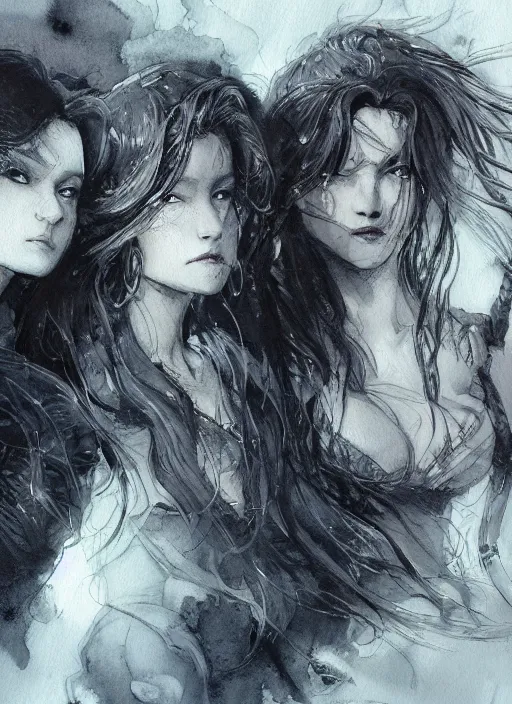 Image similar to portrait, the three sisters of fate, watercolor, dramatic lighting, cinematic, establishing shot, extremely high detail, foto realistic, cinematic lighting, pen and ink, intricate line drawings, by Yoshitaka Amano, Ruan Jia, Kentaro Miura, Artgerm, post processed, concept art, artstation, matte painting, style by eddie mendoza, raphael lacoste, alex ross