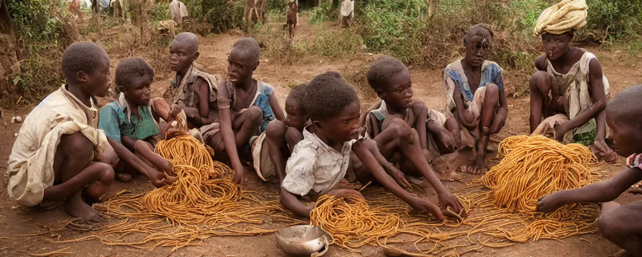 Prompt: people in an african village discovering spaghetti in a bush, high detailed face, facial expression, small details, intricate, canon 5 0 mm, high detail, intricate, cinematic lighting, photography, wes anderson, film, kodachrome