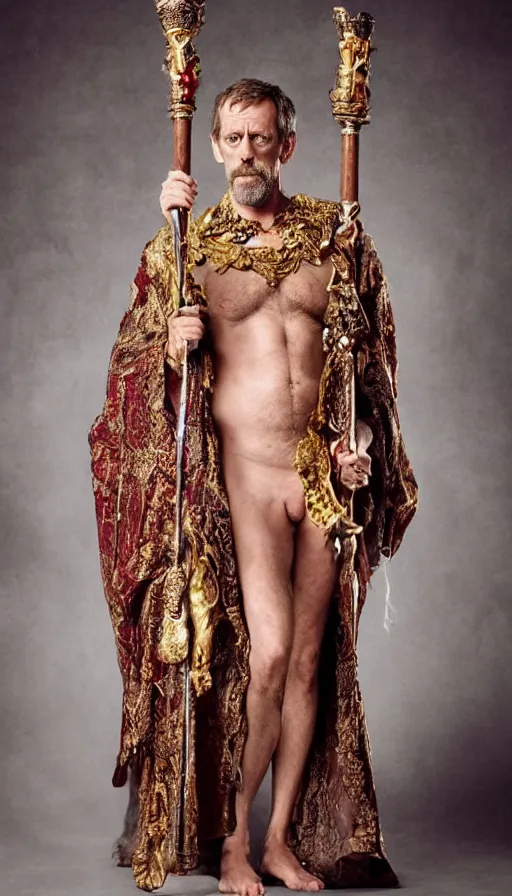 Image similar to hugh laurie as god of love, masculine, sweaty, intricate dressed in an ornate royal loin cloths and robe, and holding his love scepter, hero, intricate, highly - detailed,