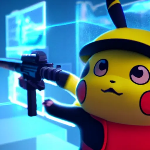 Prompt: pikachu in fornite holding shotgun ray tracing 3 d cgsociety dramatic lighting