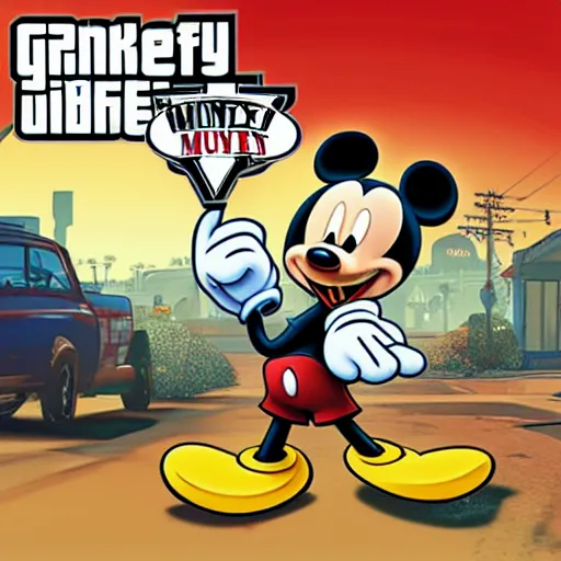 Image similar to mickey mouse in gta 5 cover art style