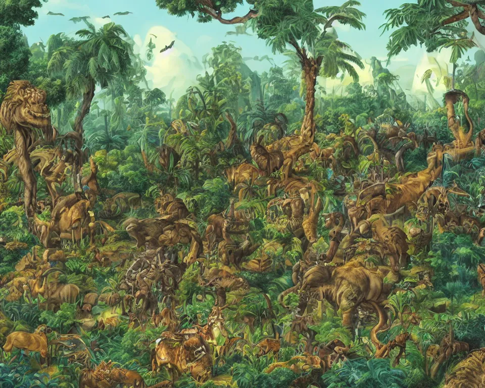 Image similar to the beastlands, megafauna, jungle landscape