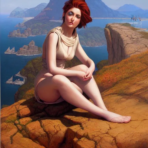 Image similar to a painting of a woman sitting on a cliff, a character portrait by clyde caldwell and tom bagshaw, cg society, fantastic realism, official art, 1 9 9 0 s, academic art