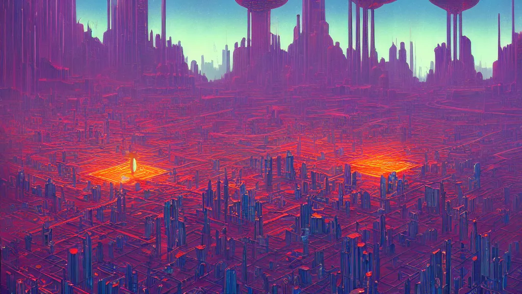 Image similar to surreal robot city at the other side of nowhere, sharp digital painting. dreaming latent space. concept art. artstation. casey weldon. digital render. dan mumford. clean retro. bruce pennington.