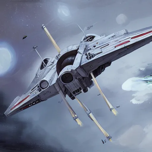 Image similar to concept art of an x wing starfighter from star wars by greg rutkowski