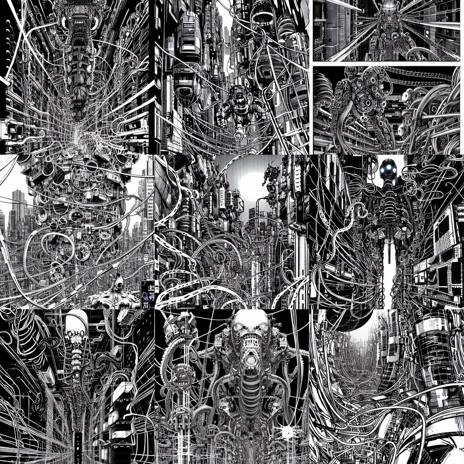 Image similar to cyborg monsters with tentacles and wires in detailed huge cybernetic mega city with wires in space, by nihei tsutomu