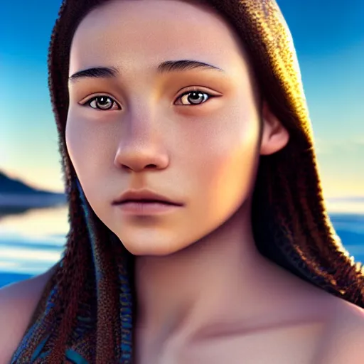 Prompt: beautiful serene intricate portrait of katara from the water tribe as a young inuit woman with blue eyes, smiling softly, relaxing on the beach, golden hour, soft focus, 8 k, art by irakli nadar, hyperrealism, hyperdetailed, ultra realistic
