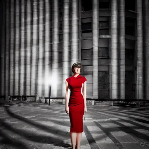 Image similar to beautiful woman in a coffee dress standing under the circle of light of lamp post, grayscale phtoto with red dress, photo noire style, high resolution, 4k, highly detailed, attention to details, detailed face, realism, photo-realism, photo by marco glaviano, 35mm