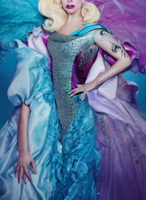 Image similar to lady gaga photohoot artpop disney princess, vogue magazine, fairytale, Highly realistic. High resolution. Highly detailed. Dramatic. 8k.4k.