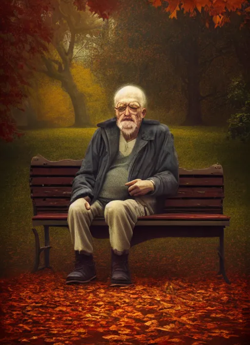 Image similar to conceptual photography portrait of an old man on a park bench fading into nothing, autumn tranquility, forgetfulness, fading to dust and leaves, oblivion, inevitability, aging, surreal portrait, moody, by tom bagshaw, hopeless, 4 k