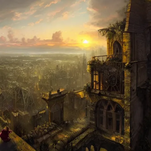 Image similar to a girl looks over a view at sunset, the view is of a sprawling medieval city that is built amidst decaying brutalist architecture and overgrown by the rainforest, rpg, hubert robert, cityscape, panorama