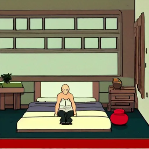 Prompt: bedroom in studio ghibli, Kakashi Hatake sitting on bed, Saitama standing next to bed, anime style