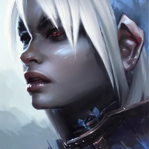 Image similar to closeup portrait of a drow elf, dungeons and dragons character, castle background, gorgeous view, realistic, high detail, digital art, painted by greg rutkowski, painted by jeremy mann, trending on artstation
