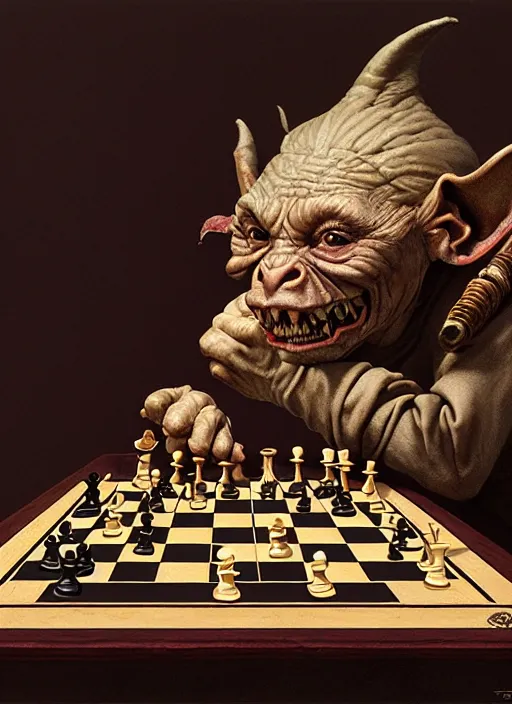 Image similar to highly detailed closeup portrait of a medieval goblin playing chess, stephen bliss, unreal engine, greg rutkowski, ilya kuvshinov, ross draws, hyung tae and frank frazetta, tom bagshaw, tom whalen, nicoletta ceccoli, mark ryden, earl norem, global illumination, god rays, detailed and intricate environment