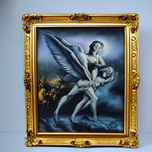 Prompt: devil and angel paintings, old gold - plated frame, cinematic, ufo in the background