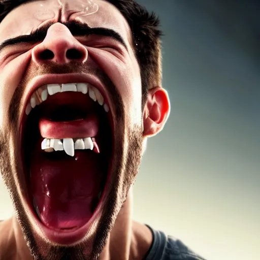 Image similar to incredible cinematic image of the face of a young angry man screaming and inside his mouth the same face screaming, studio shot, dynamic lighting, high definition, highly detailed, photo-realistic, unreal engine render, 16k