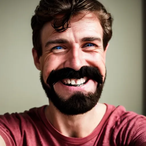 Image similar to 8k highly detailed selfie photo of the most deliriously happy man, super big smile, really really happy, blue eyes, brown hair, mustache, symmetrical face, handsome,