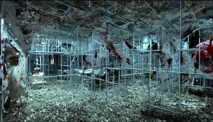 Image similar to Big budget horror movie set in an undersea biolab, the walls are splattered with blood